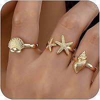 Dainty Boho Gold Starfish Conch Shell Ring Set for Women - Beachy Statement Open Rings Vacation Jewelry