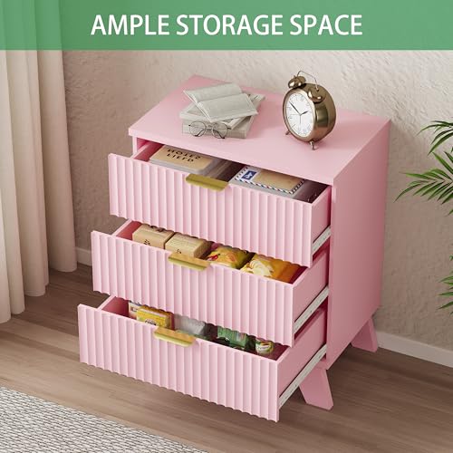 Image of Xixini Fluted Nightstand, 24 inch Wide Side Table with 3 Large Storage Drawers, Mid Century Modern Wood Night Stand with Metal Handle, Wooden Bedside End Table for Bedroom, Pink
