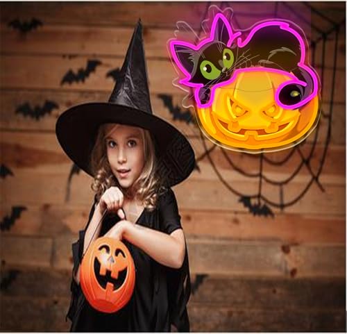 Image of Halloween Neon Sign for Wall Decor Pumpkin Black Cat LED Neon Lights for Halloween Room Decor, Halloweenn Party Lights