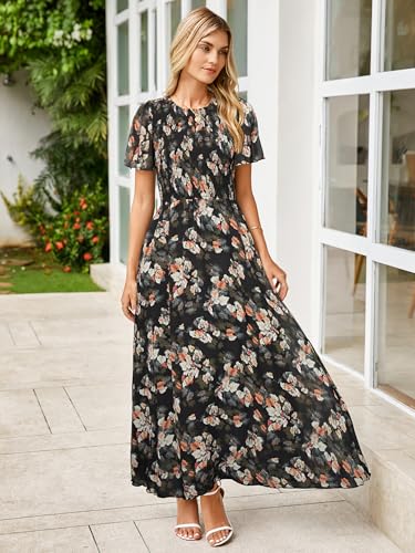 Image of Simplee Womens Casual Floral Summer Maxi Dress 2026 Boho Flowy Short Sleeve Crew Neck Vacation Smocked Chiffon Dresses