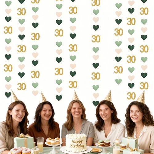 Image of Sage Green Gold 30th Birthday Decorations Sage Green Gold Heart Garland Streamer Banner Backdrop for Women Happy 30th Birthday Dirty Thirty Cheers to 30 Years Old Fabulous Anniversary Party Supplies