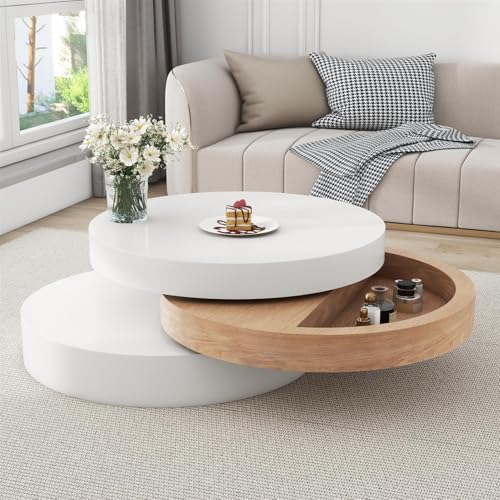 Mixtric Table Basse Cylindrique Plateau Supérieur Pivotant À 360° Table De Salon Pivotante Table Basse À Trois Niveaux 3 Étagères Saule avec...