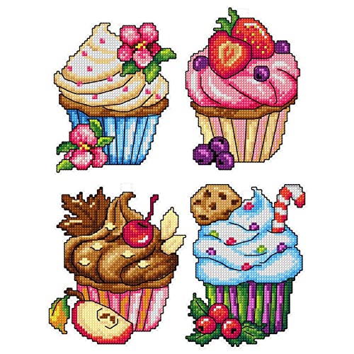 Image of Counted Cross-Stitch Kit on Plastic Canvas with Cupcakes. 4 Wonderful Ornaments Different Dimensions. 14 Count Plastic Canvas Sheets 8.27x11.02 Inches. Perfect for Embroidery & Needlework Amateurs