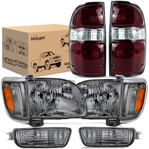 Nilight Headlight and Taillight Assembly Combo Compatible with 2001 2002 2003 2004 Toyota Tacoma OE Style Chrome Housing Smoke Lens Amber Reflector with Dark Red Housing Tail Lights