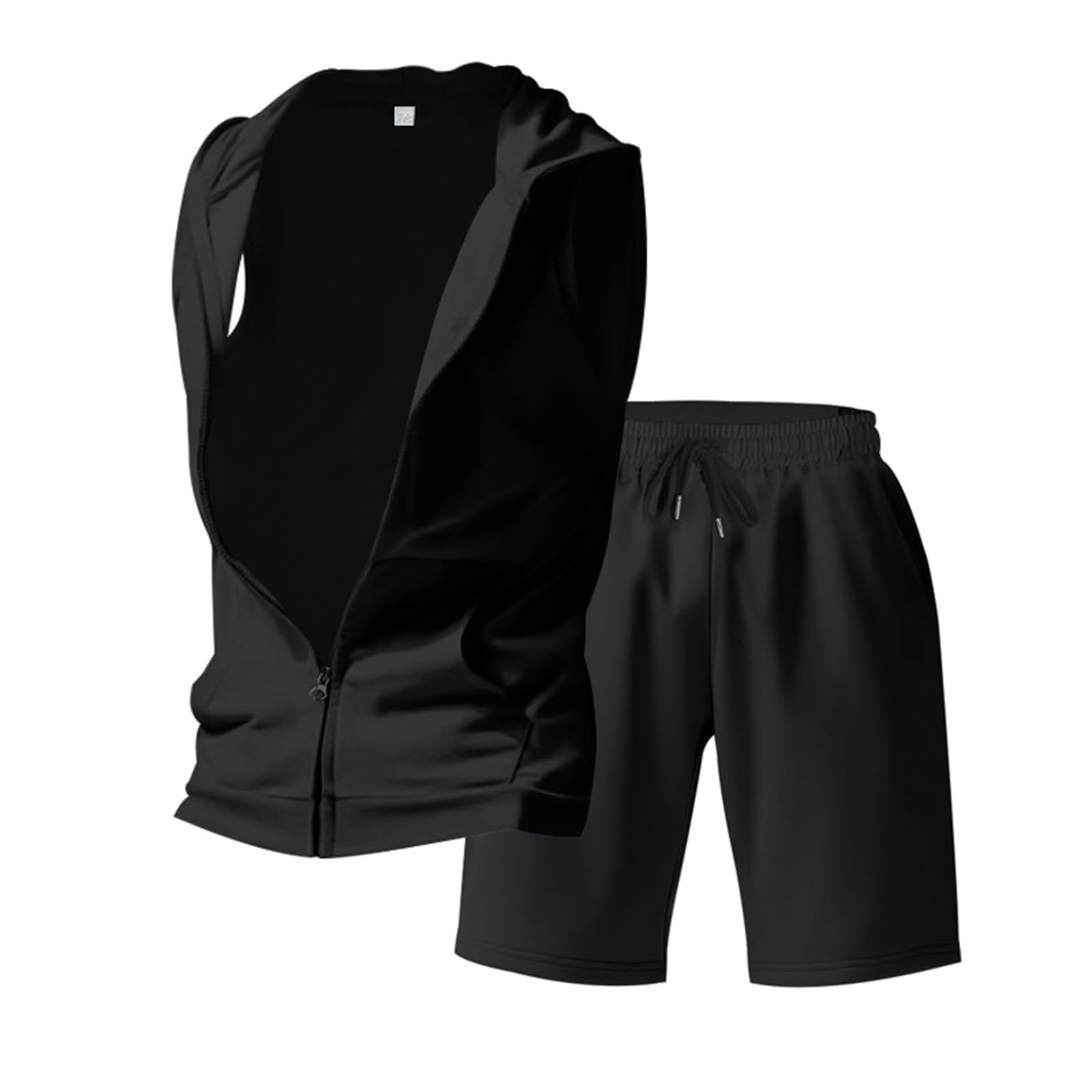 Tuta da uomo, set completo per il tempo libero, gilet con cappuccio e pantaloncini, tinta unita, camicia e pantaloncini, casual, corsa, sport, sudore, abbigliamento sportivo per spiaggia, vacanze