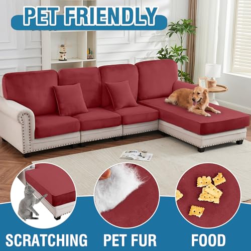 Image of Couch Cover 6-Piece Elastic Velvet Couch Cushion Covers & Chaise Slipcovers for L-Shaped Sofas, Sofa Seat Covers Washable, Soft Cover for Couches (5 Seater + Chaise, Christmas Red)