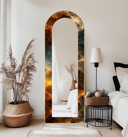 23,5''W x 167''H Stampa Texture Rame fuso - Specchio da pavimento astratto ad arco a tutta lunghezza - Specchio da pavimento macchiato a corpo intero con cornice nera con cornice