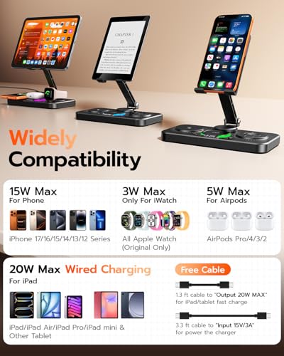 Image of 45W 6 in 1 Charging Station for Apple Multiple Devices with Clock & Light, 20W Fast Foldable Wired Charging Stand for iPad /Tab, Wireless Charger Design for MagSafe Charger for iPhone 17 /iWatch /Airpods