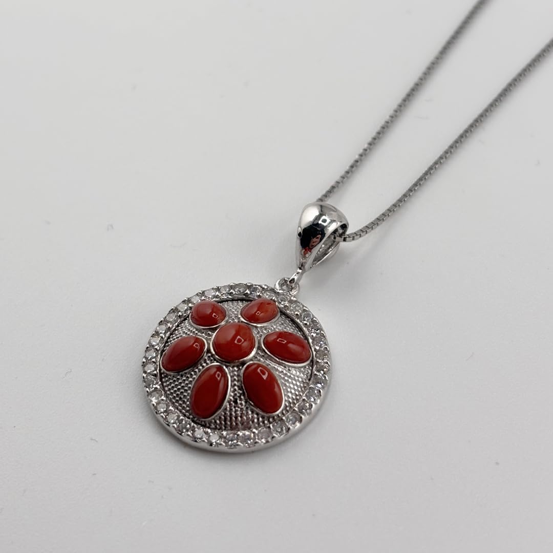 Ciondolo elegante tondo in argento 925 Rodiato con corallo rosso naturale del Mediterraneo catenina veneziana 45 cm gioiello donna ragazza elegante artigianale