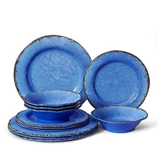 LEHAHA 12 Piece Melamine Dinnerware Set BPA Free Farmhouse Outdoor Dishes Set for 4, A Light Weight and Unbreakable Rustic Plate Bowl Set for Patio, RV and Camping