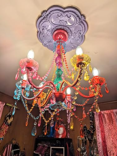 Image of The Original 6 Light Multi Color Gypsy Chandelier H26 inch W22 inch, Red Metal Frame with Multi Color Acrylic Crystals