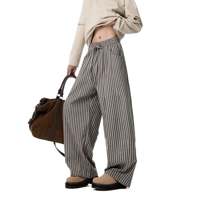 Mens Striped Wide Leg Pants Unisex Elastic Waistband Drawstring Casual Trousers