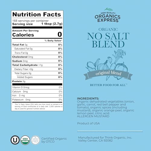 No Salt All Purpose Organic Seasoning, 100% Sodium Free, No MSG, For Vegetables, Chicken, Fish, Salads, Eggs, Rice, Pasta - Non GMO, Kosher, Great Value 1 Lb