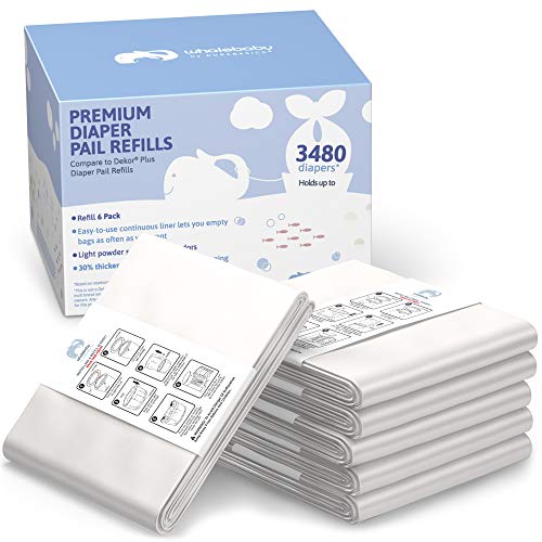 6 Pack of Compatible Dekor Plus Refill Liners | Ultra-Strong 30% Thicker Bags Reduce Tearing | Light Powder Scent Combats Odors | Replacement for Dekor Diaper Pail Refills & Diaper Dekor Plus Refills