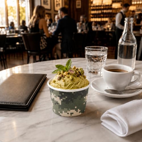 Image of Restaurantware Coppetta 4-Ounce Dessert Cups, 200 Disposable Ice Cream Cups - Lids Sold Separately, Heavy-Duty, Camouflage Paper Frozen Yogurt Bowls, For Hot And Cold Foods