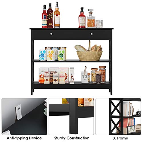 Kealive Console Table with 1 Drawer, Tall Entryway Table with 3-Tier Storage Shelves, Narrow Sofa Entry Table for Hallway Living Room, Sturdy Wood X Frame, 39.4 x 11.8 x 31.5 inches, Modern Black
