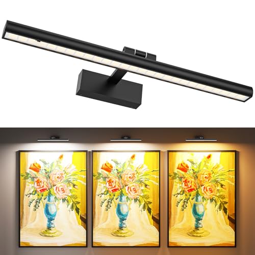 Wireless Picture Lights for Wall, Battery Operated Wall Light for Painting Rechargeable CCT Rotatable Art Gallery Light with Remote Dimmable Timer for Artwork Frame Display Dartboard (Black, 16inch)