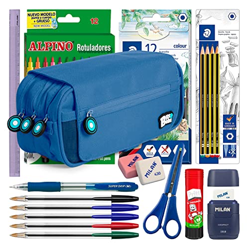 ColePack BitsBobs - Lote de estojo de suporte triplo com 3 fechos de correr e material escolar de primeiras marcas incluído (azul)