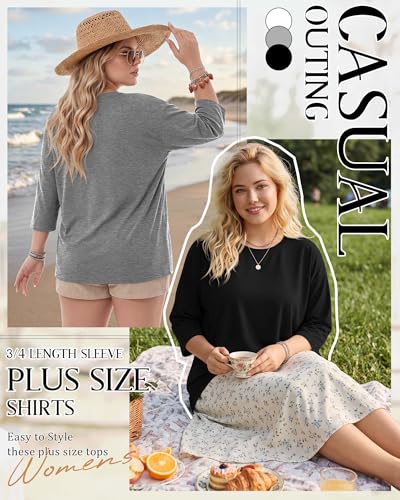 Image of Locoowai 3 Pack Women Plus Size Tops 3 /4 Sleeve Cotton Crew Neck Oversized T Shirts Loose Fit Tee Tunic Casual Blouse