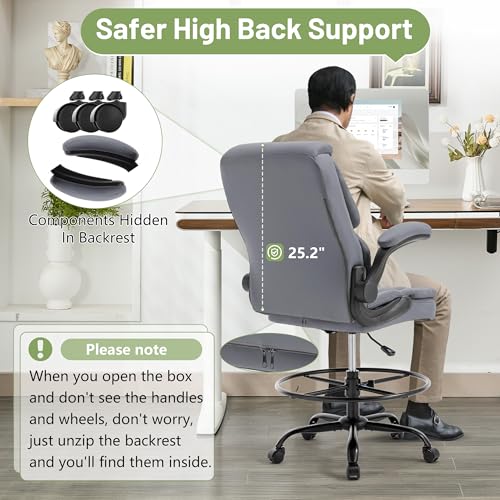 Image of 500LBS Drafting Chair, High Back Safer Standing Desk Chair, Executive Tall Office Chair with Flip-up Armrests, Upholstered PU Leather Task Chair, Ergonomic Seat with Adjustable Height&Foot Ring, Grey