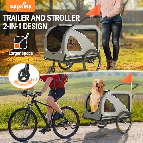SEPNINE 2-in-1 XL Fahrradanhänger für Hunde, Hundeanhänger für Fahrrad - mit Dachöffnung, Reflektoren & Reflexstreifen, mit Schiebestange & Universal-Fahrradkupplung, Faltbar, Bis 50 kg, Grau