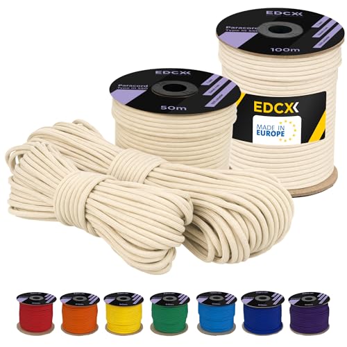 EDCX poliestere Paracord 550 (15, 30 e 50 m) – 4 mm Tipo III, cavo per paracadute resistente allo strappo per la sopravvivenza in 100% poliestere con 7 fili | Colori a tinta unita (White, 50 m)
