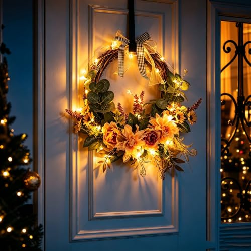 Artificial Fall Wreath for Front Door with Led Lights, Glowing Fall Decor - image 1
