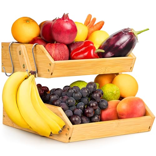 Golden Nature Fruit Basket with Banana Hanger - 2-Tier Bamboo Fruit & Vegetable Storage Organiser for Kitchen Counter - Lightweight & Easy Assembly - Countertop Stand Holder Bowl with Included Screws