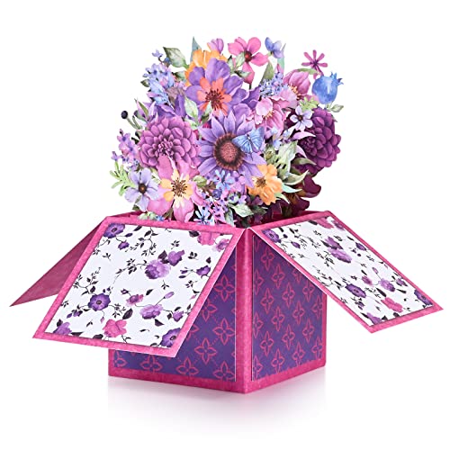 3D Pop Up Purple Floral Bouquet Box Grußkarte von POPGIFTU -Valentinskarte, Muttertagskarte, Denken an dich, Frühlingskarte für Frau, Mutter oder Freund, Jubiläums-Pop-Up-Blumenkarte