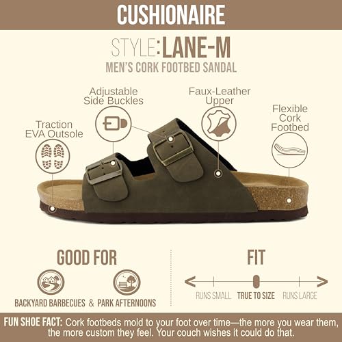 Image of CUSHIONAIRE Lane Cork Footbed Mens Sandals, Adjustable Buckle Comfort Slides for Men, Genuine Leather Insole Summer Sandals Men Footwear