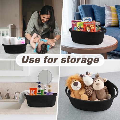 Image of Pro Goleem Small Woven Basket with Gift Bags and Ribbons Durable Baskets for Gifts Empty Small Rope Basket for Storage 12 inchX 8 inch X 5 inch Baby Toy Basket with Handles, Black