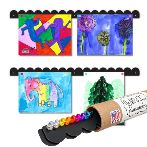 Scalloped Magnetic Art Display for Kids Artwork & Photos (Set of 2) – Kids Artwork Display for Wall – Magnetic Photo Display Strips with Push-Pin Magnets (Black, 23in)