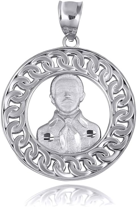 Claddagh Gold Sterling Silver Cuban Link Round Frame Jesus Malverde Sinaloa Narco-Saint Pendant Necklace - Choose Pendant Only or Necklace Chain Length