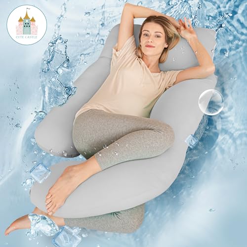 Image of Cute Castle Cooling Cover Pregnancy Pillows, Soft U-Shape Maternity Pillow with Removable Cover - Full Body Pillows for Adults Sleeping - Pregnancy Must Haves - Jumbo 57 Inch - Light Grey