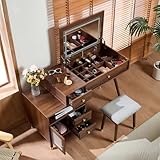 Merax 3-in-1 Vanity Desk with Lighted Flip-Top Mirror & Adjustable Cabinet - Makeup Dressing Table with Stool, Convertible Writing Desk & Nightstand, Dresser with Storage Drawers for Bedroom, Walnut
