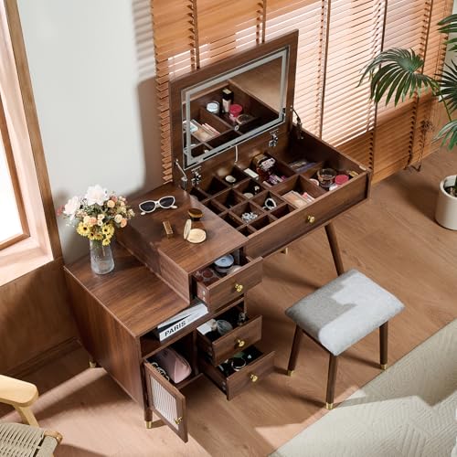Merax 3-in-1 Vanity Desk with Lighted Flip-Top Mirror & Adjustable Cabinet - Makeup Dressing Table with Stool, Convertible Writing Desk & Nightstand, Dresser with Storage Drawers for Bedroom, Walnut