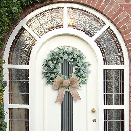 22 Inch Flocked Lambs Ear Wreaths For Front Door Artificial Hanging Greenery Wreath With Burlap Bow Wedding Party Ornament Farmhouse Round Modern Wreath For Summer Home Window Porch Garden Patio Decor #TOP1