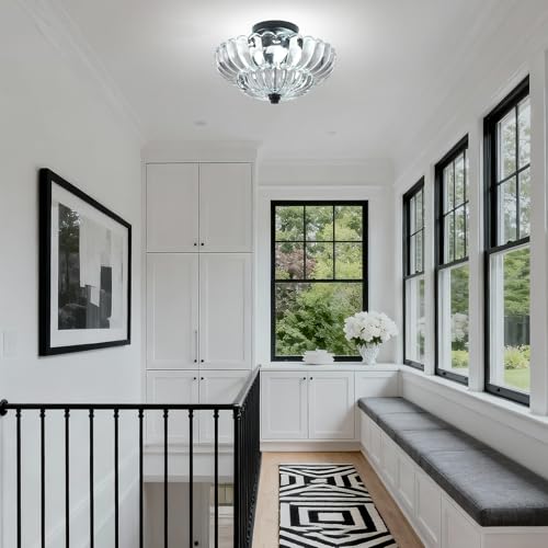Image of Semi Flush Mount Ceiling Light, 11.8 Inch Black Vintage Hallway Light Fixture with Transparent Glass, Close to Ceiling Light for Bedroom Kitchen Living Room Bathroom Foyer, E26 Base