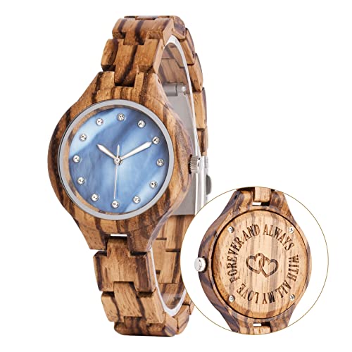 LMWOOD Reloj de pulsera de madera para mujer, con grabado personalizado, casual, esfera de nácar, Zebra01, pulsera LMWOOD Reloj de pulsera de madera para mujer, con grabado personalizado, casual, esfera de nácar, Zebra01, pulsera