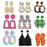 JeryWe 9 Pairs Clip on Earrings for Women Fashion Rattan Acrylic Tassel Drop Dangle Earrings Set Lightweight Geometric Statement Bohemian Clip Earrings for Non Piercied Pink