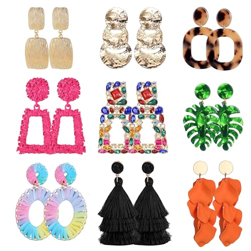 JeryWe 9 Pairs Clip on Earrings for Women Fashion Rattan Acrylic Tassel Drop Dangle Earrings Set Lightweight Geometric Statement Bohemian Clip Earrings for Non Piercied Pink