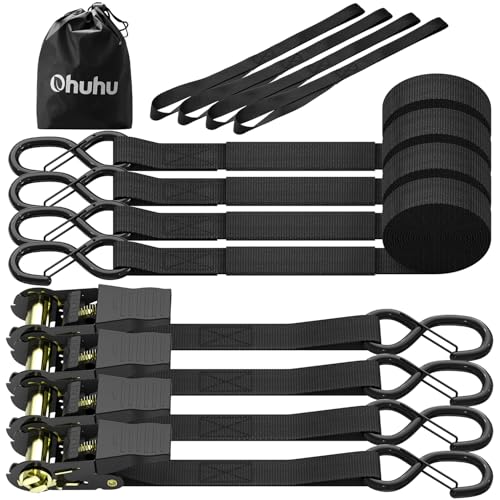 Ratchet Tie Down Straps with Safety Clip 4-Pack 1 x 15 & 4 Soft Loops - 500 lbs Load Cap 1500 lbs Breaking Limit Ohuhu Ratchet Tie Downs Logistic Cargo Straps for Moving Appliances Motorcycle