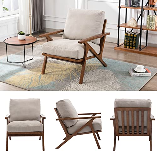 Mid Century Modern Accent Chair With Ottoman, Farmhouse Linen Upholstered Living Room Armchair And Ottoman Set, 23" Seat Wide Retro Leisure Lounge Chair With Wood Frame For Home, Bedroom, Beige #TOP4