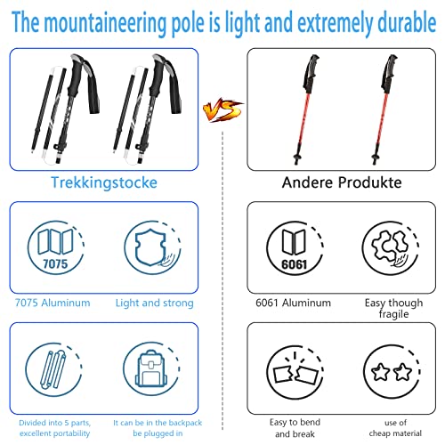 FRECOO Nordic Walking Stöcke, Wanderstöcke Faltbar verstellbar 110-130cm,7075 Aluminium Wanderstock mit Wasserfeste… - Image 4