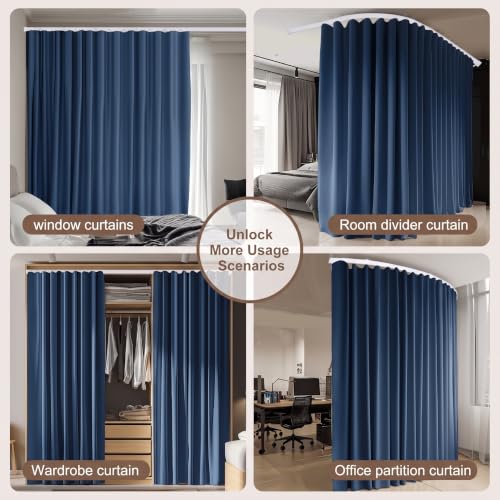 Image of MaKefeile Room Divider Curtains & Flexible Bendable Tracks Set,Privacy Dividers Ceiling Track Window Blackout Curtains for Living Room Bedroom (W180 x H108 in 1 Panel Navy Blue Drape & White Rail)