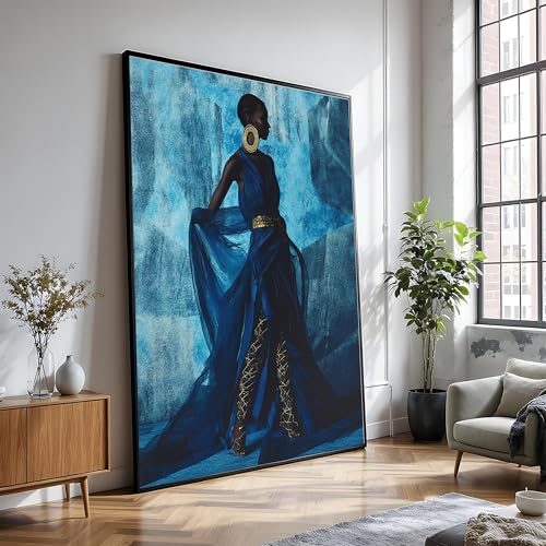 Silhouette en robe bleue fluide sur toile tendue de 60 x 80 cm