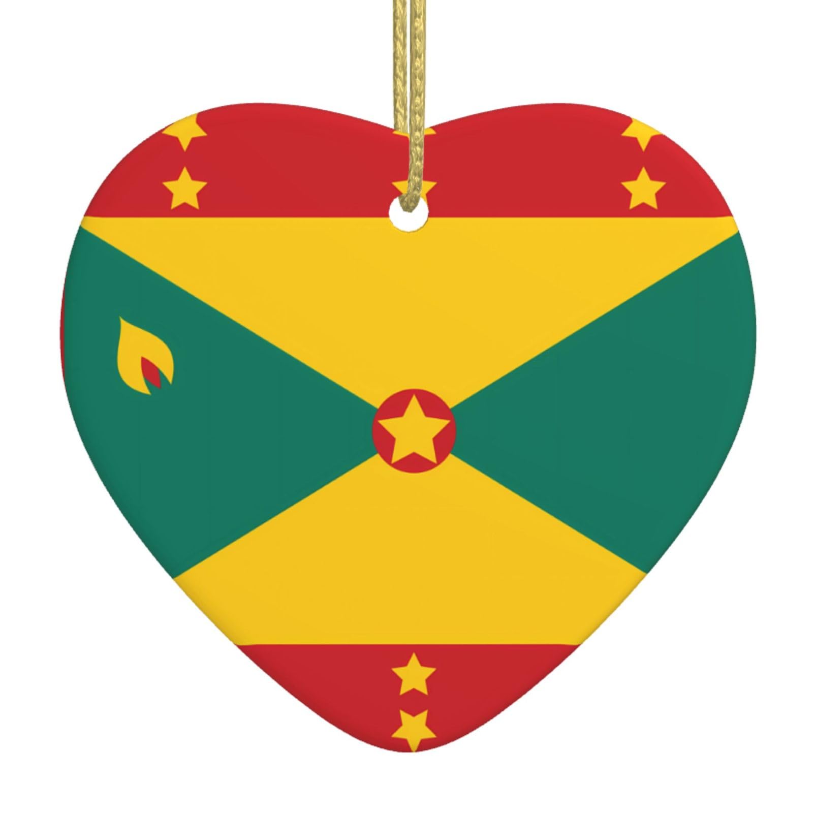 Flag of Grenada Ceramic Christmas Heart Pendant with Silk Thread, Christmas Tree Home Decoration