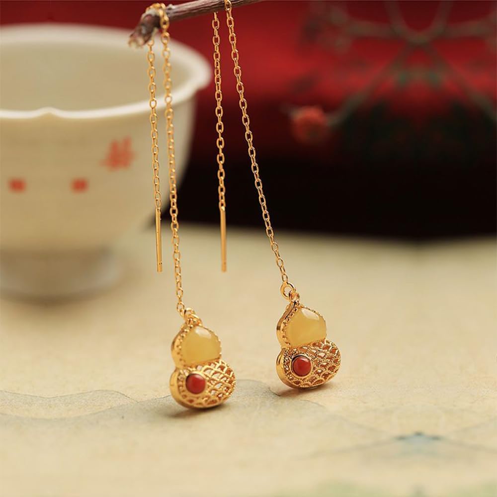 S925 Silver Gold-Plated Natural Beeswax Gourd Wire Earrings Jade for Women Yoga Genuine