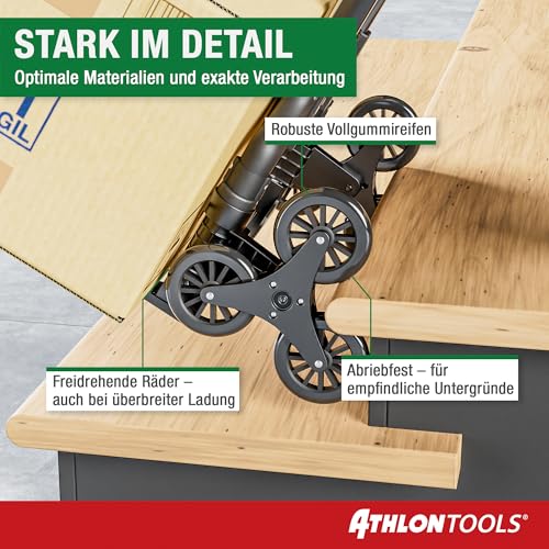 ATHLON TOOLS Treppensteiger Sackkarre klappbar TÜV geprüft – Profi Treppensackkarre aus Aluminium leicht - Extra Langer Griff 110cm & Ladefläche mit Anti Rutsch Pads - Transporthilfe für Treppen