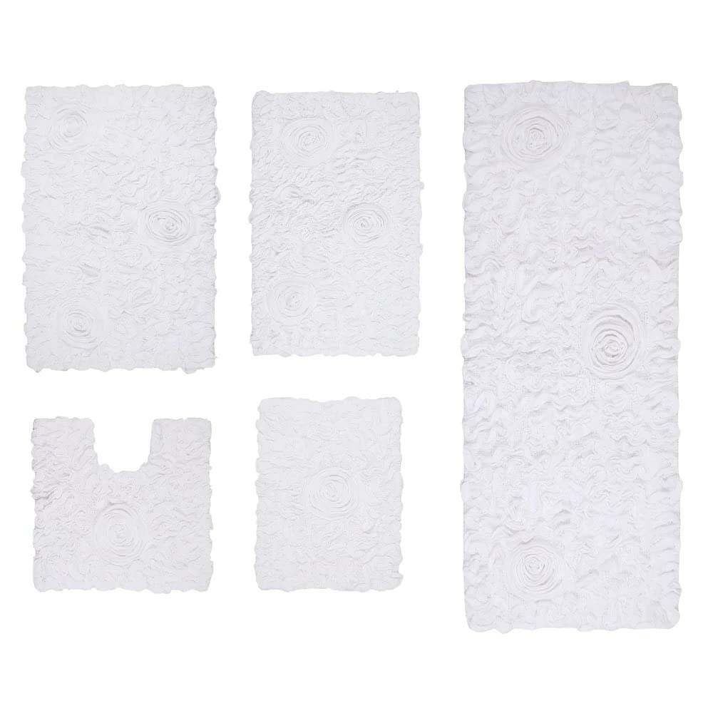 Functional Durable Bright White Cotton Bathroom Rugs Sets 5 Piece with Pretty Floral Tufted Pattern On Solid Background
